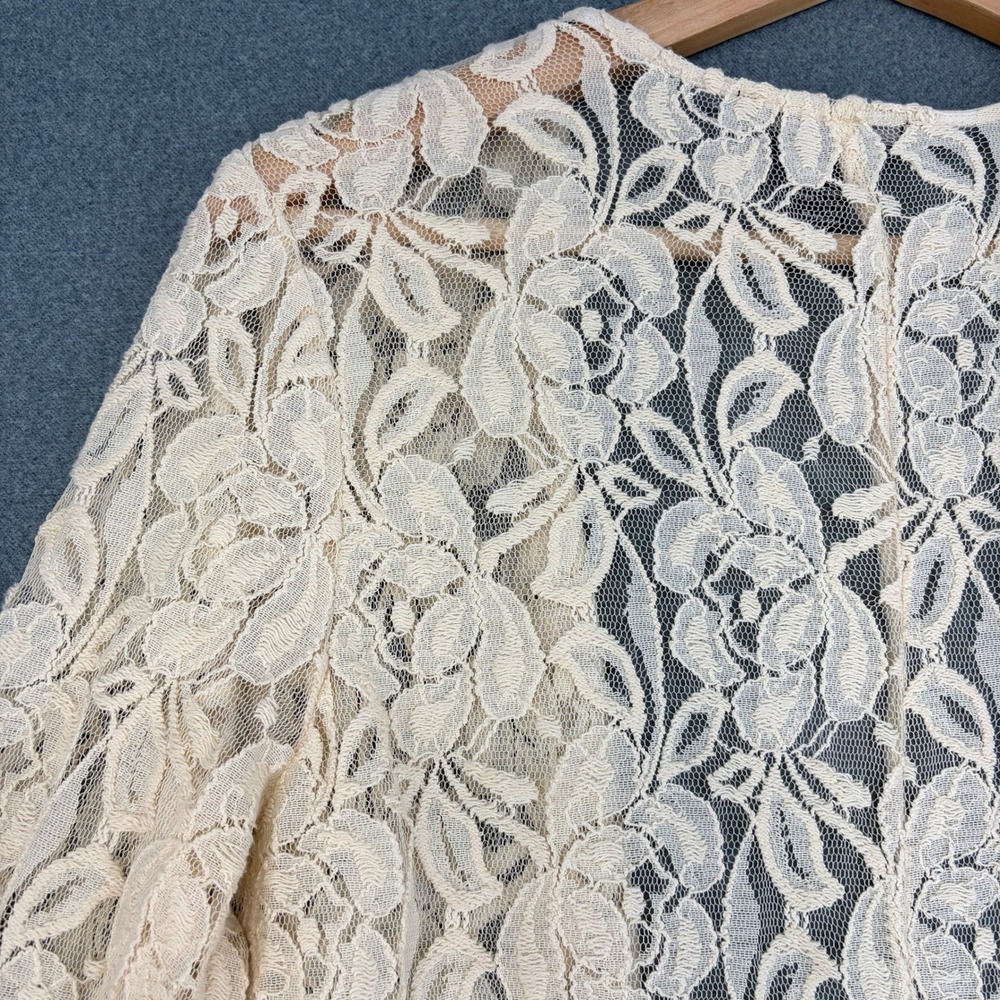 Forever 21 Cream Floral Lace Longline Duster Cardigan Bell Sleeve Pom Trim Small - Picture 2 of 8